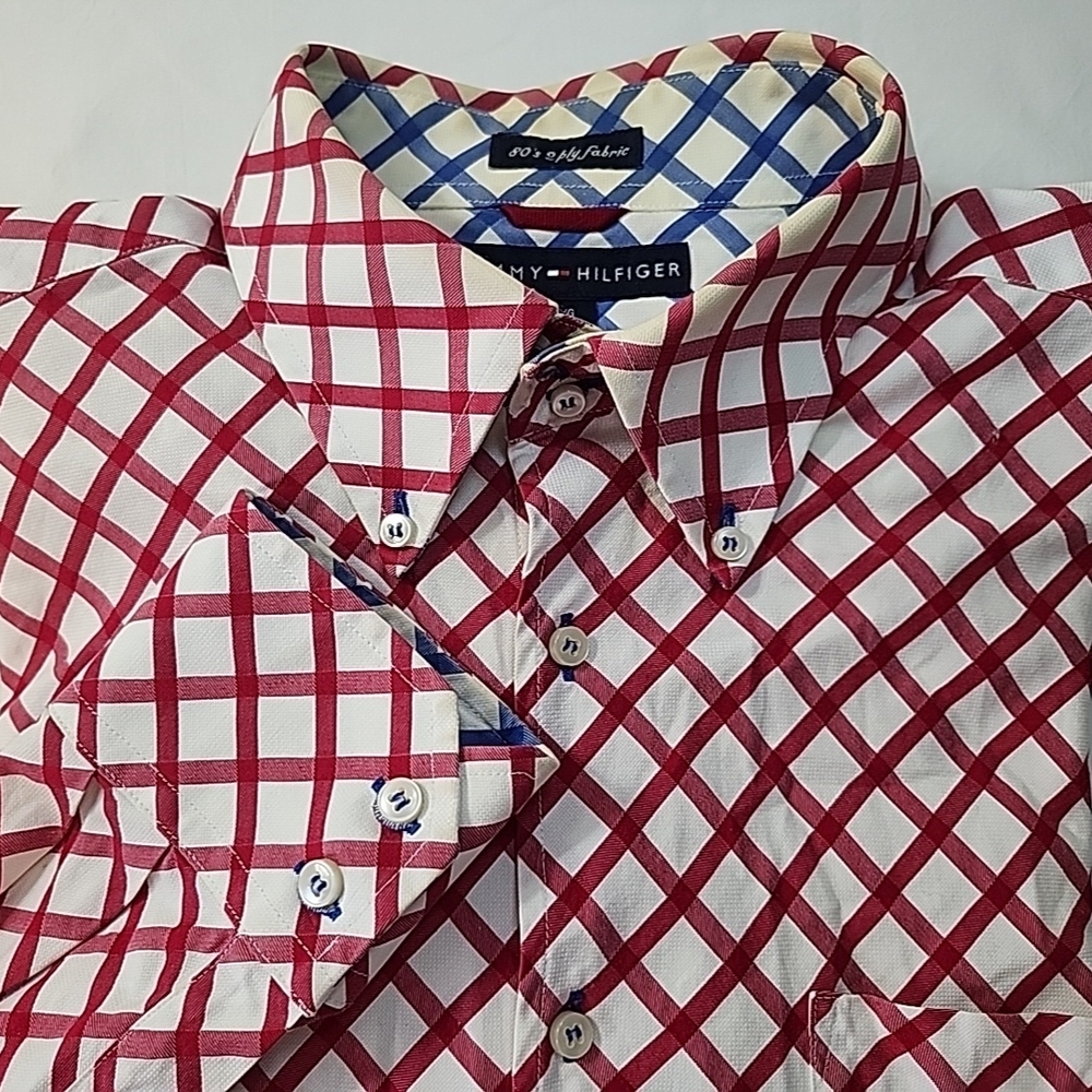 Vtg Y2k Tommy Hilfiger 80s 2-Ply Cotton Button Down Shirt Red White Lattice